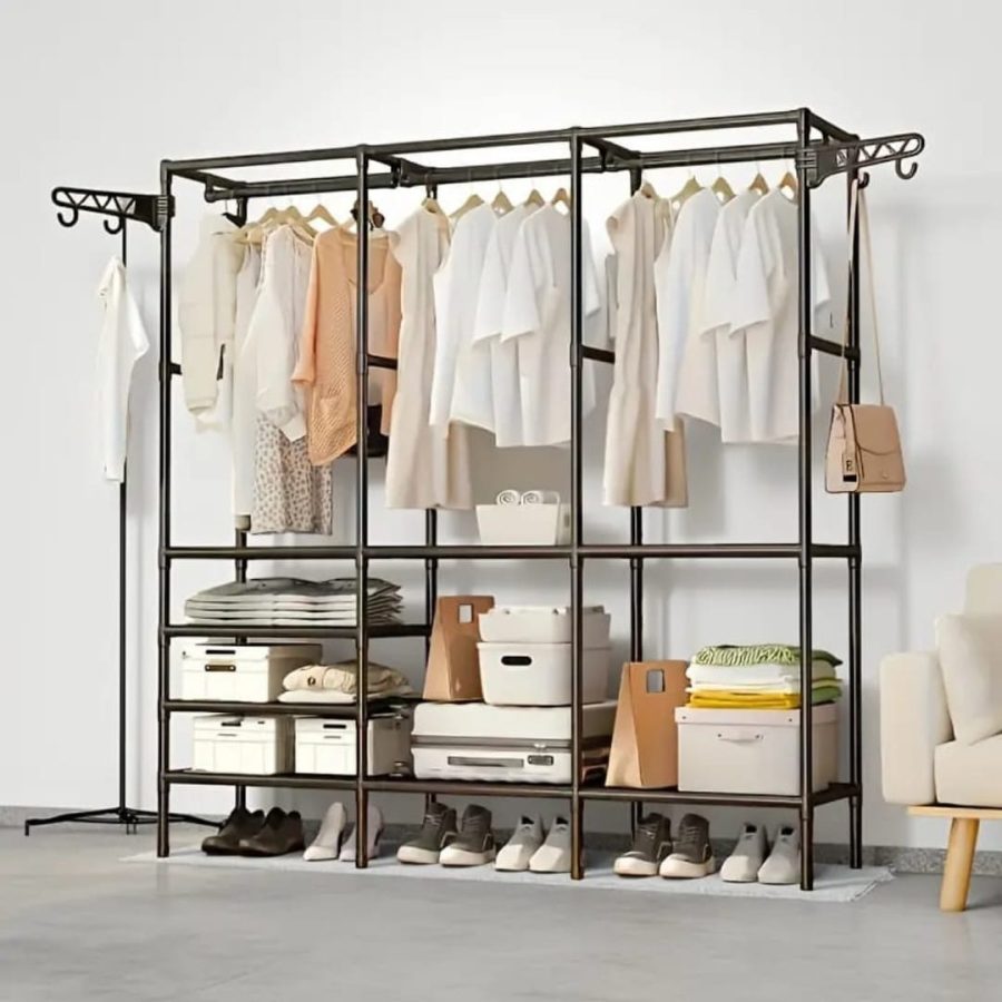 Minimalist Metal Wardrobe with 3 Shelves & 2 Hanging Rods