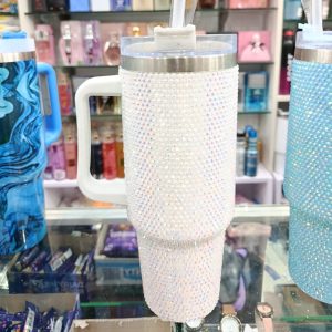 White Rhinestone 40oz Insulated Tumbler with Handle