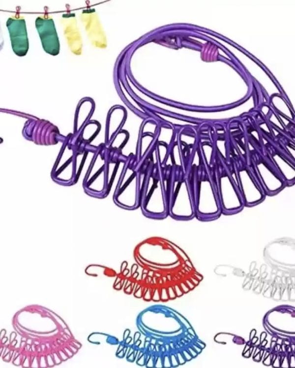 Elastic Travel Clothesline with 12 Clips and 2 Metal Hooks