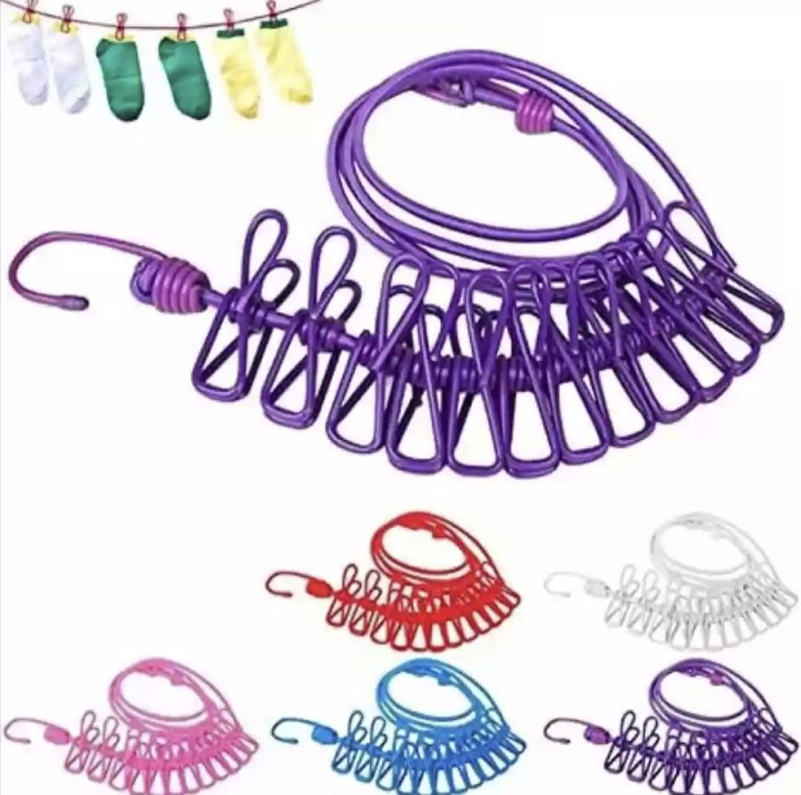 Elastic Travel Clothesline with 12 Clips and 2 Metal Hooks