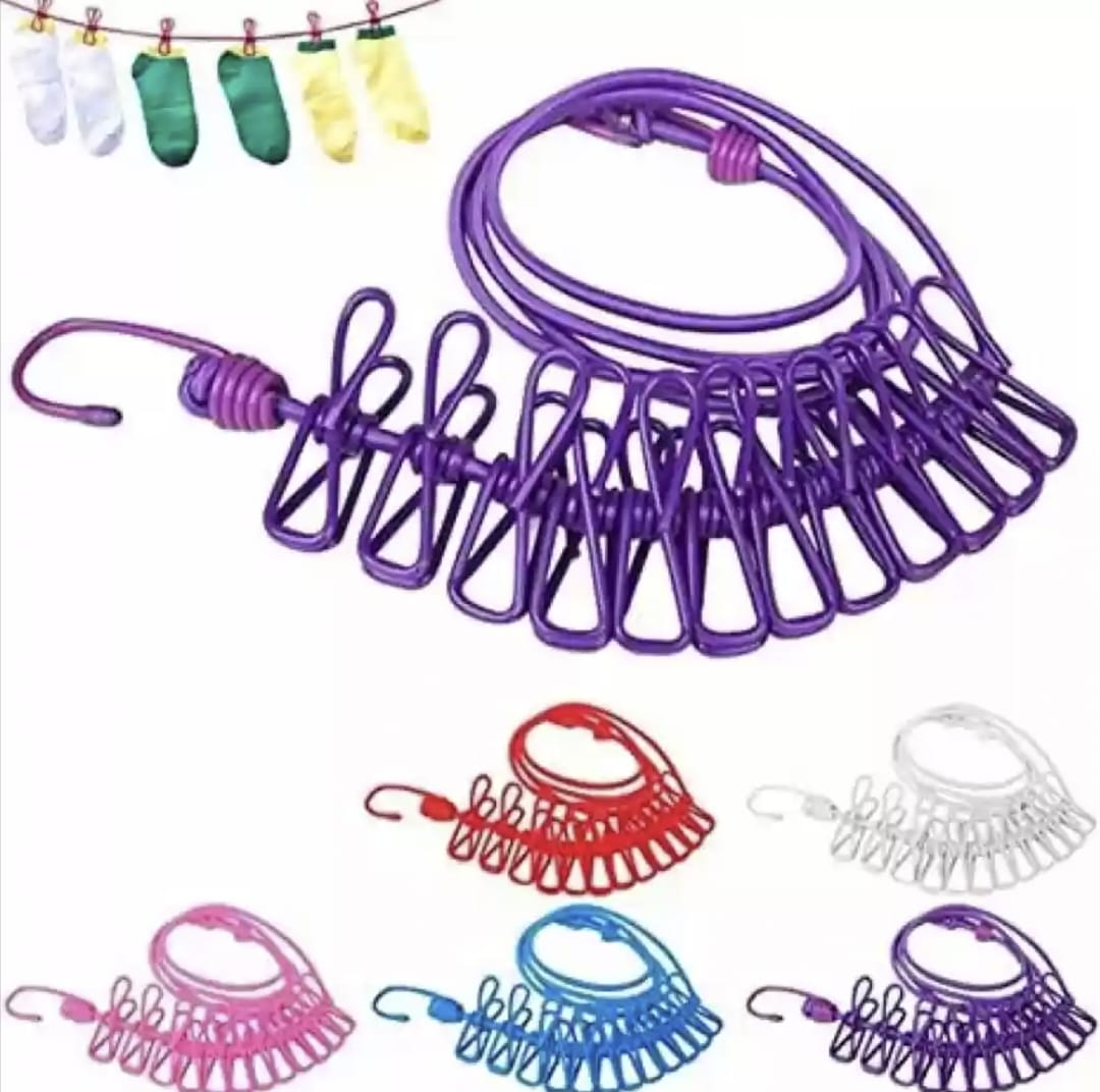 Elastic Travel Clothesline with 12 Clips and 2 Metal Hooks