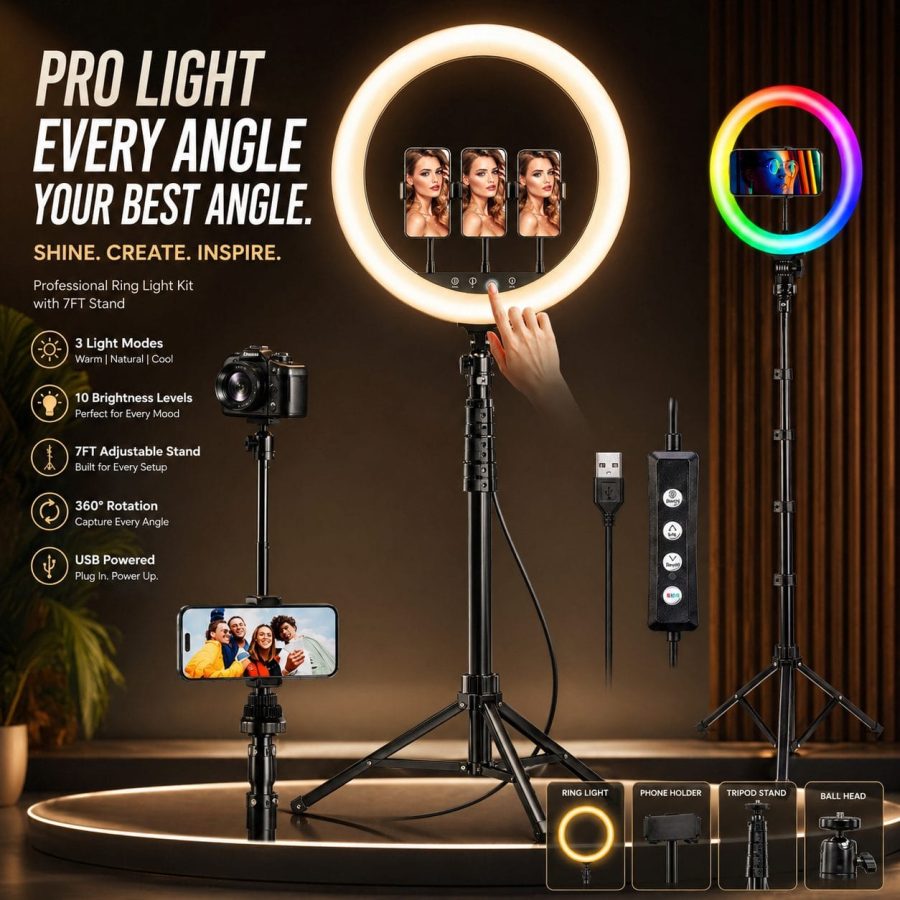 26cm LED Ring Light with 7ft Tripod & Phone Holder