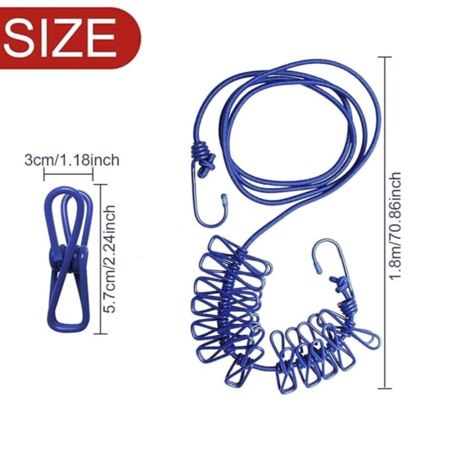 Elastic Travel Clothesline with 12 Clips and 2 Metal Hooks — photo 3